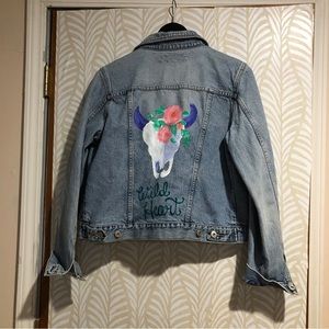 Large Hand-painted Express Denim Jacket, Western Floral Cowskull